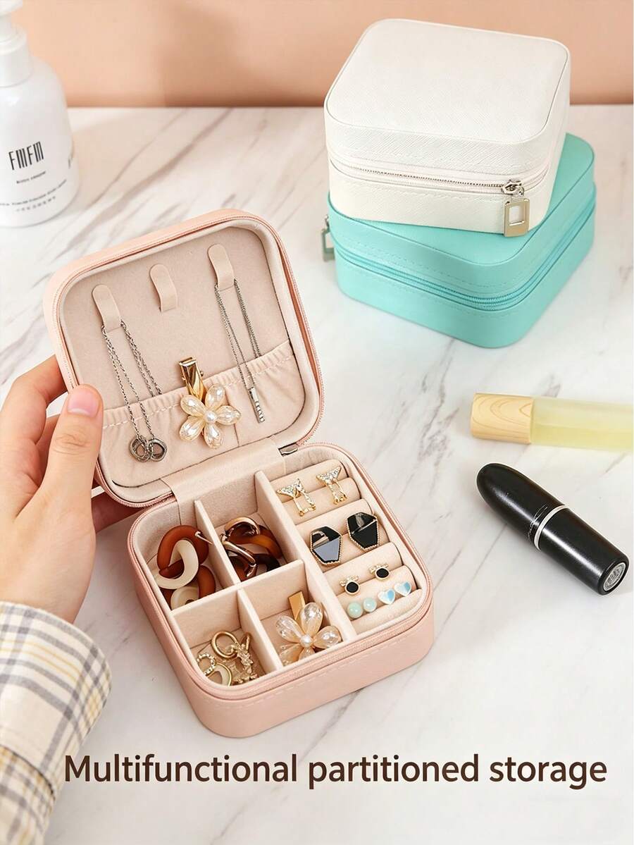 1pc Square Mini Jewelry Box, Earrings, Rings, Necklace Storage Display Case, Portable Compact Desk Decor - Multicolor - View 1