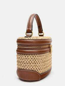 1pc Fashion Commuter Handbag, Leather & Woven Fabric Shoulder Bag, Structured Design, Niche Travel Vacation Style Crossbody Bag, Straw Box Bag - Khaki - View 5