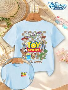 Disney T-Shirt Toy Story T-Shirt With Round Neck Short Sleeved Checkerboard Pattern For Boys And Girls+Toy Story All Staff Print+"EST.1995" Logo Retro Casual Style Suitable For Daily School/Parent-Child Interaction/Theme Parties In Summer - Màu xanh nhạt - Xem 2