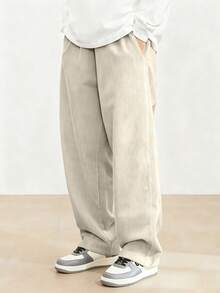 男士复古宽松灯芯绒休闲裤，带口袋 - 面料柔软舒适，适合街头穿着和户外活动 - 杏色 - 查看 5