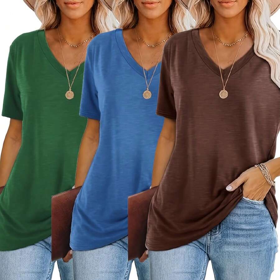 3pcs Women's Oversized V-Neck Short-Sleeve T-Shirts - Solid Color Casual Loose Fit Basic Tops Suitable For All Seasons, Layering & Casual Attire - Machine Washable Comfortable Tees (No Bulk) - 混合顏色 5 - 查看 1