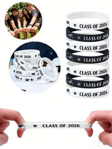 20pcs/10pcs/1pc 2026 Graduate Silicone Wristbands, Graduation Party Favors, Black & Gold Rubber Wristbands For High School And College Students, Graduation Celebration Supplies, Commemorative Collectible Gifts, Wrist Accessories - Black and White - View 2
