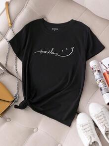Camiseta de mujer con estampado de letras gráficas, camiseta de verano con cuello redondo y manga corta, estilo Y2K, camisetas de moda de verano, conjuntos de verano. - Negro - Ver 7