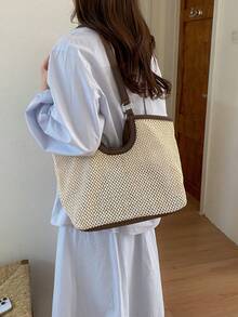 26 Styles Spring Korean 2 Pieces Woven Shoulder Bags, Cotton Rope Straw Braid Large Capacity Casual Minimalist - Brown - View 3