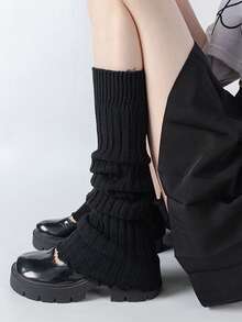 1 Đôi tất ống chân nữ mùa xuân/hè màu đen xếp nếp dáng rộng, tất ống chân dệt kim dài đến giữa bắp chân kiểu JK, ống tay áo gân thoải mái - Phong cách Y2K ngọt ngào & cay nồng, chất liệu cotton pha mềm mại, có sẵn màu đen/trắng - màu đen - Xem 3