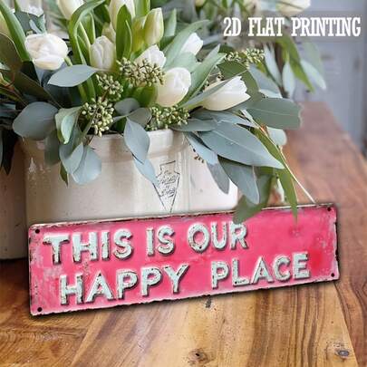 1pc Vintage "This Is Our Happy Place" Metal Sign Plaque, 10.16 X 40.64 Cm, Rustic Style Wall Decor For Home, Cafe, Beach House, Porch, Garden - Ideal Holiday Gift For Home, Mother's Day, Father's Day, Graduation, Pre-Drilled Holes As Shown In Size