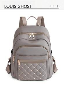 Luxuriöser gesteppter bestickter Nieten-Rucksack, in mehreren Farben erhältlich! Perfekt für den Arbeitsweg, Reisen und Einkaufen. Die Vorderseite zeigt ein gestepptes besticktes Muster, akzentuiert mit Metallnieten, was einen eleganten und kantigen Stil maximiert. Mehrere Taschen zum Verstauen von Handy, Schlüsseln, Wasserflasche, Tablet - Verschiedenfarbig - Übersicht 16