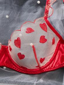 女士红色爱心刺绣薄纱文胸套装，荷叶边肩带钢圈内衣两件套，情人节礼物 - 紅色 - 查看 5