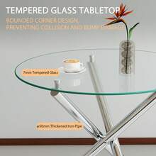 Round Dining Table With Tempered Glass Top And Metal Legs, Coffee Table, Modern And Minimalist Dining Table, 80 * 80 * 76 Cm - Transparent + Silver - View 7