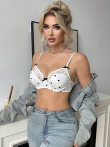 Women's Lace Patchwork Heart Comfortable Underwire Bra - White - View 4