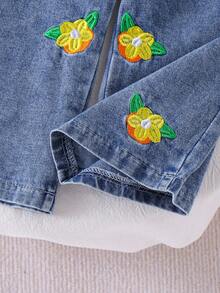 2pcs Young Girls Casual Apricot Short Sleeve Top & Embroidered Denim Long Pants Set, Thin Spring/Summer Outdoor - Apricot - View 9