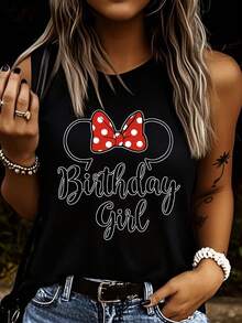 Disney 1件装女士卡通迪士尼生日女孩印花背心，圆领，弹力面料，适合日常穿着，易护理面料，时尚休闲女士背心 - 黑色 - 查看 3