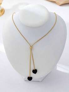 1pc Fashionable Heart Pendant Necklace, Everyday Wear Women, Valentine's Day - 黑色 - 查看 5