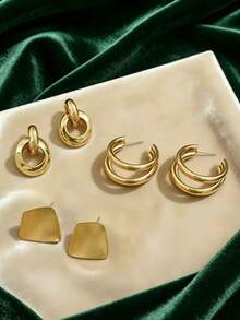 一套时尚潮流春夏旅行度假复古简约C形多层小巧几何金属耳环，百搭日常佩戴、节日、母亲节、斋月活动等场合。 - 彩色 - 查看 3