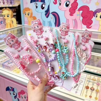 MY LITTLE PONY Bộ trang sức 5 món hình ngựa nhỏ cho trẻ em, gồm vòng tay và bông tai, kiểu công chúa hoạt hình, thích hợp làm quà tặng sinh nhật cho bé gái.