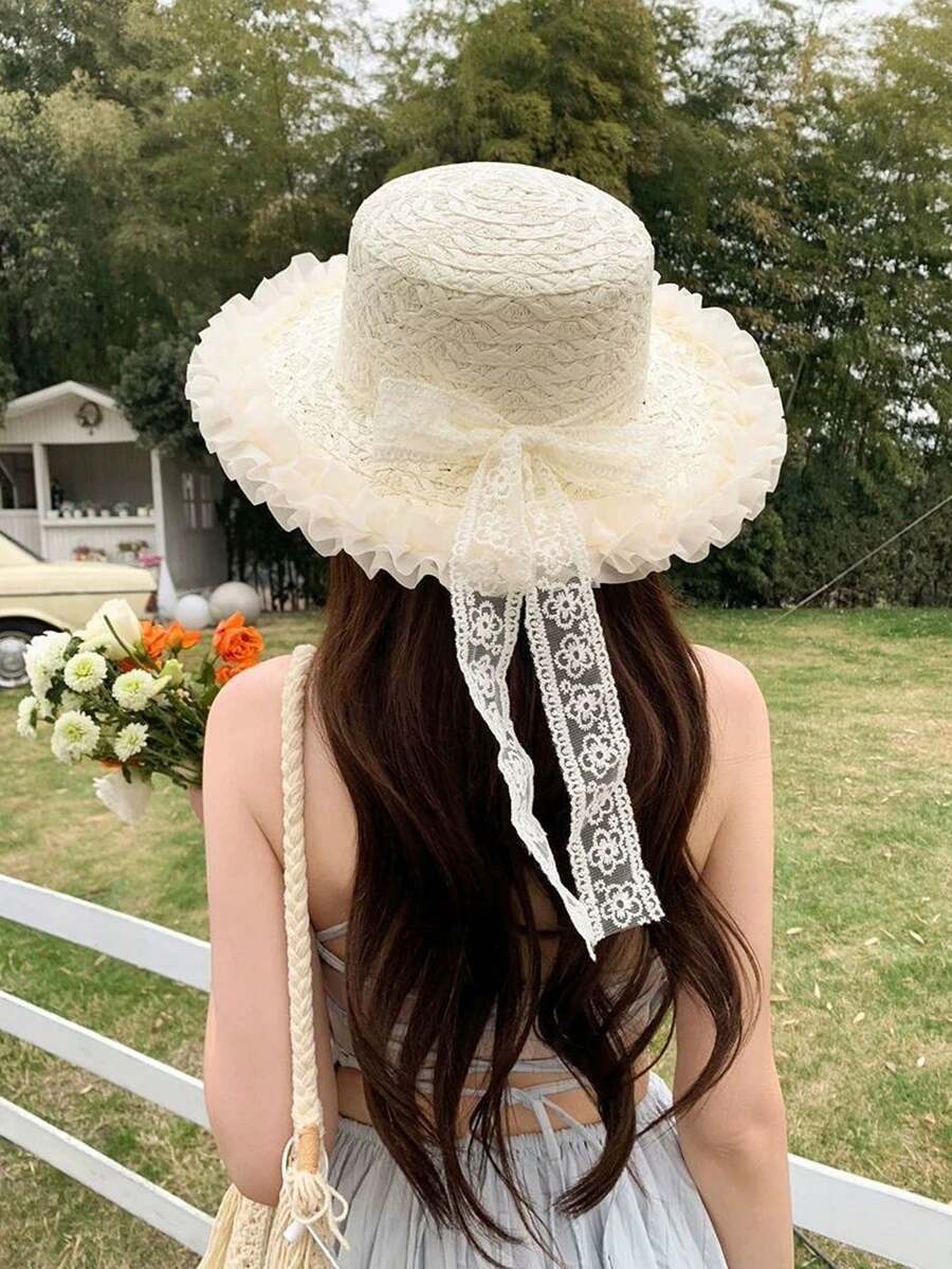 1 chiếc mũ rơm ren kiểu Pháp mùa hè mới, mũ rộng vành chống nắng có nơ dành cho nữ, thích hợp cho kỳ nghỉ đi biển hoặc du lịch. - A - Xem 1
