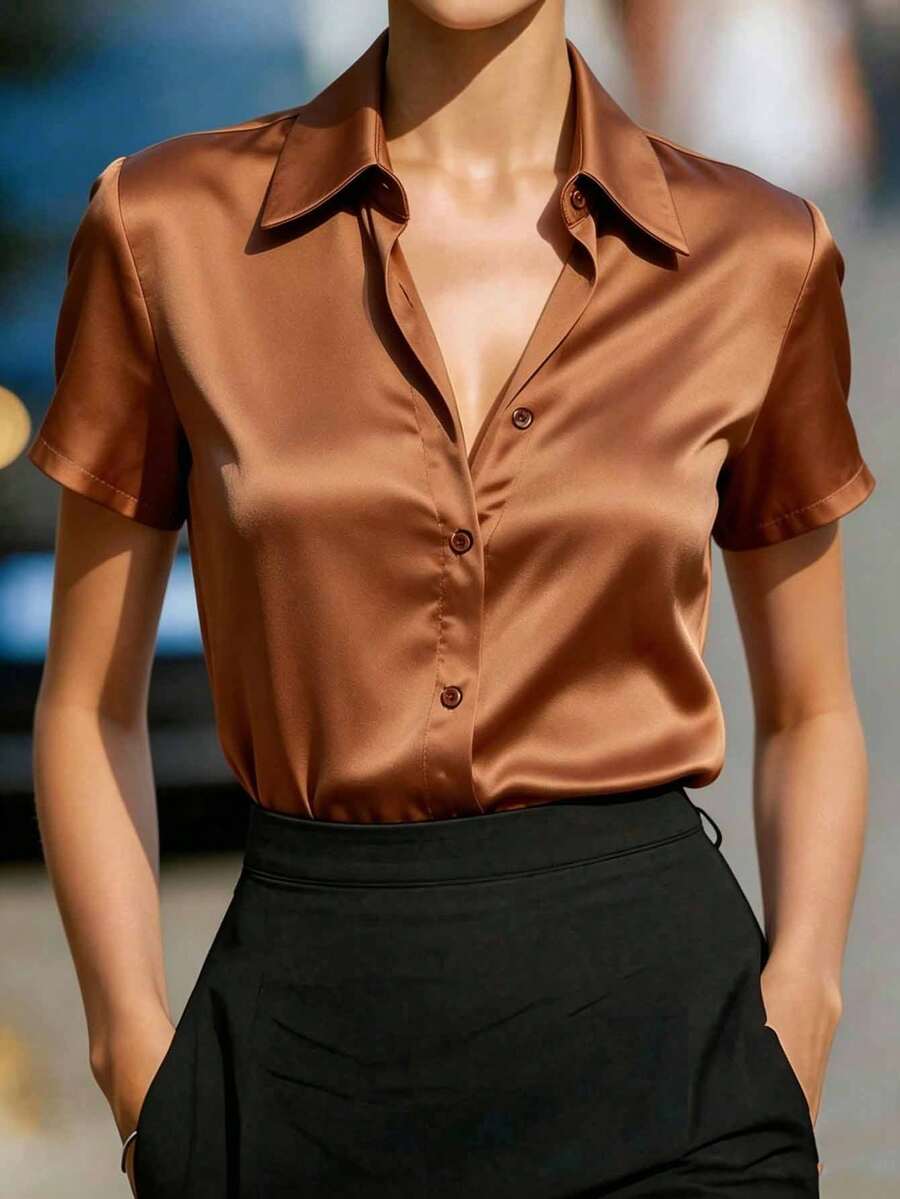 HODE 女士缎面奢华衬衫,商务休闲纽扣下摆衬衫领优雅办公室休闲棕色上衣,适合春、夏、秋季穿着。 - 棕色 - 查看 1
