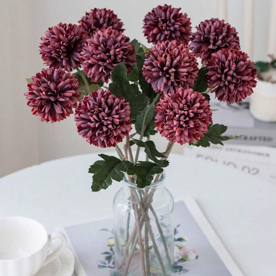 1/5/200個仿真菊花球、刺繡球、婚禮裝飾、居家花瓶、裝飾品、餐廳、客廳、臥室、床頭花藝布置、新娘花束、手腕花飾、胸花、生日派對裝飾材料、新年情人節禮物、秋季裝飾 - 大紅色 - 查看 1