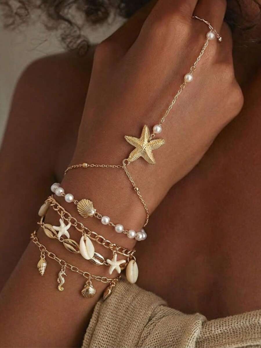 5pcs/Set Boho Beach Vacation Starfish Shell Hand Chain Bracelet Layered Cowrie Pearl Finger Ring Jewelry Set,Suitable For Summer Beach - Yellow Gold - View 1