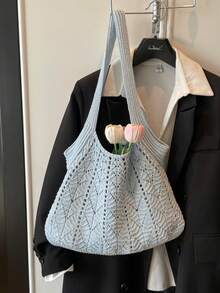 Túi đeo vai dệt kim khoét rỗng kiểu Hàn Quốc nhẹ nhàng, màu phấn nhạt, kiểu dáng lười biếng, túi tote dung tích lớn, túi đi làm, túi đan len đi biển kỳ nghỉ, thiết kế nhỏ gọn, túi đeo nách đa năng. - Nhiều màu - Xem 15