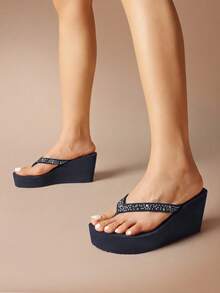Women Wedge Flip Flops Platform Thong Sandals Summer Vacation Rhinestones Arch Support Comfortable Soft Cushion EVA Wedge Sandals - 藏蓝色 - 查看 2