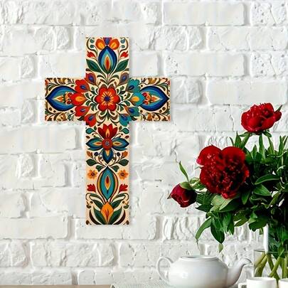 2D Flat 1pc Mexican Pattern Wooden Cross Wall Art, Handmade Religious Folk Art With Vibrant Floral Design, Suitable For Day Of The Dead, Christmas, Easter