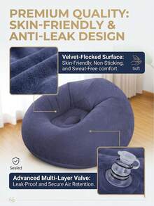 [2-7 Days Must Arrive] Inflatable Bean Bag Chair For Adults & Kids, Ultra Soft Flocked Inflatable Lazy Sofa, Portable Blow Up Chair For Movie Night, Living Room & Camping, Ergonomic Folding Lounger Couch For Indoor & Outdoor Use, Comfortable Gaming Chair, Heavy Duty Inflatable Sofa For Bedroom & Travel, Navy Blue - 彩色 - 查看 6