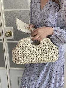 女款夏季草編斜背包、鏈條編織沙灘托特包、手工錢包、1個草編托特包、海邊度假包 - 米色 - 查看 11