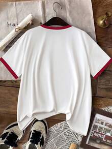 Short-Sleeved T-Shirt With Bow Print, Loose Fit, For Spring/Summer, For Casual Wear - 紅白 - 查看 3