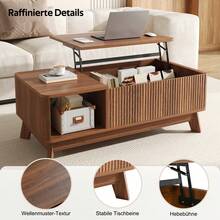 Couchtisch Mit Hubfunktion, Wellenoptik, Offenes Seitenfach, MDF Material, Modern Style - Walnut Wood Color - View 7