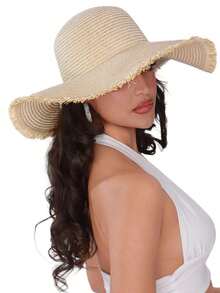 1pc Grass Banding Women Bow Decor Wide Brim Straw Hat Beach Valentine's Day Multicolor Wide Brim Hat Women Beach Travel Hiking Elegant Bow Valentine's Day - 卡其色 - 查看 5