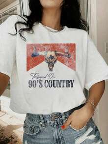 Camiseta de manga corta estilo retro de los 90 con calavera de música country y estilo western para mujer, chaqueta casual, ropa informal, atuendo para maestras, temporada de regreso a clases, uniforme escolar, regreso a clases, disfraz de Halloween, blanca de verano 100% algodón. - Blanco - Ver 10