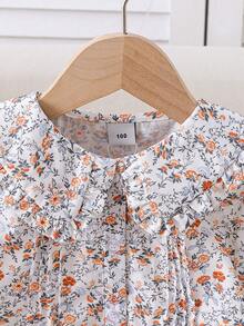 Young Girls Ruffled Collar Long Sleeve Casual Ditsy Floral Shirt, Summer - White - View 3