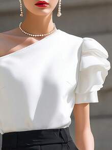 Elegaris Solid Color Elegant Asymmetrical Shoulder Puff Sleeve Blouse Summer Women's Top White - White - View 3