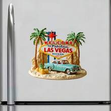 Decoración de nevera neón y retro - Arco icónico, automóvil estilo años 50 y letras "Las Vegas Nevada" con estrella en la parte superior - Las Vegas - Ver 2