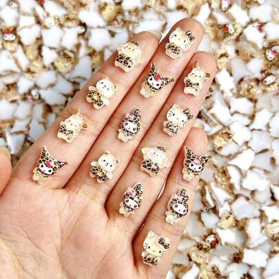 SANRIO 50pcs Randomly Mixed Cartoons Leopard Print Decorative BeadsPendant, Cute Cartoon Flat Pendant,Suitable For DIY Phone Case Accessorie
