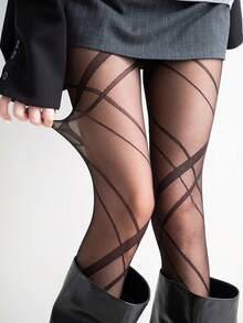 1双女士春夏不对称菱形图案连裤袜，超薄打底裤，性感简约风格丝袜，时尚夜店/街头派对外出穿着 - 黑色 - 查看 8