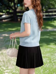 Women's Casual Loose Tie-Front Solid Color Short Sleeve Knit Top, Summer - Baby Blue - View 2