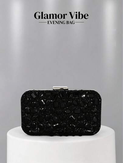 Túi xách dạ hội đính đá đen Glamor Vibe dành cho nữ, ví cầm tay lấp lánh với dây đeo có thể tháo rời, túi xách cứng cáp trang trọng cho đám cưới, dạ hội, tiệc tùng, cocktail, tiệc cưới, bữa tối, ví cầm tay lấp lánh sang trọng cho những dịp đặc biệt.