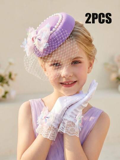 2pcs/Set Girls' Colorful Bow Decor Purple Hat + Colorful Satin Gloves, Children's Hat And Gloves Set, Wedding Photography Props, Wedding Decoration, Party Photobooth Props
