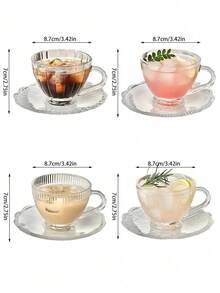 1pc Nordic Ins Retro Embossed Coffee Cup & Saucer Set, Latte Cup, Glass Tea Cup - Multicolor - View 4