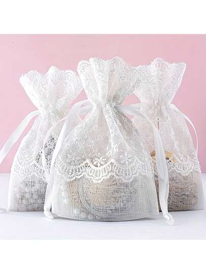 1pc White Lace Drawstring Pouch, Gift Bag For Wedding Party, Gifts, Favors, Birthday, Jewelry, Desktop Decor