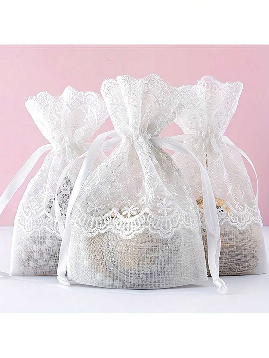 1pc White Lace Drawstring Pouch, Gift Bag For Wedding Party, Gifts, Favors, Birthday, Jewelry, Desktop Decor - Multicolor - View 1