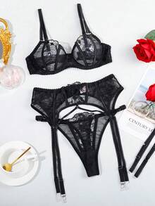 3件套女士性感网纱透视吊带背心套装 - 黑色 - 查看 2