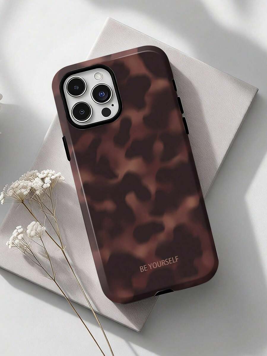 1件复古美拉德玳瑁豹纹励志标语亮面二合一Phile Shell全包覆手机硬壳，适用于三星/11/12/13/14/15/16/17 Pro Max - 棕色 - 查看 1