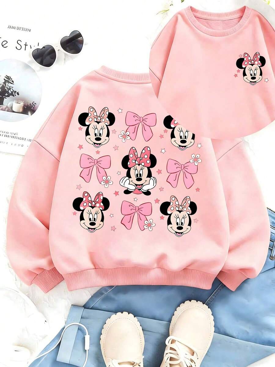 Disney Minnie Mouse Kids Crewneck Sweatshirt - Soft Pink Fabric With Cute Character & Bow Prints - Ideal For Spring & Fall Casual Wear - Express Delivery - 粉色 - 查看 1