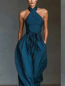 Sleeveless Plain Jumpsuit With Halter Neck And Drawstring - Blue - View 2