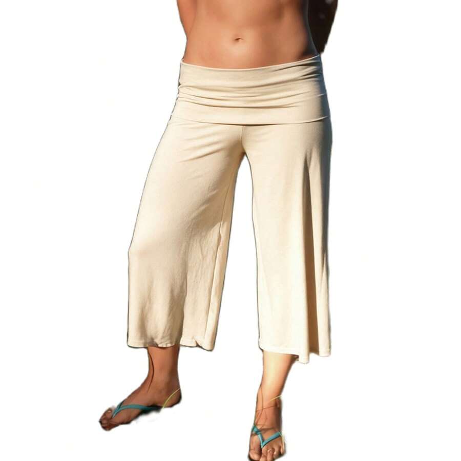 Women Casual Fold Over Loose Fit Capri Pant Leg Cropped Flowy Cotton Gaucho Pants Comfy Casual Yoga Coluttes Pajama Bottom Soft Comfortable Cropped Trouser Lounge Sleepwear Bottoms - 米色 - 查看 1