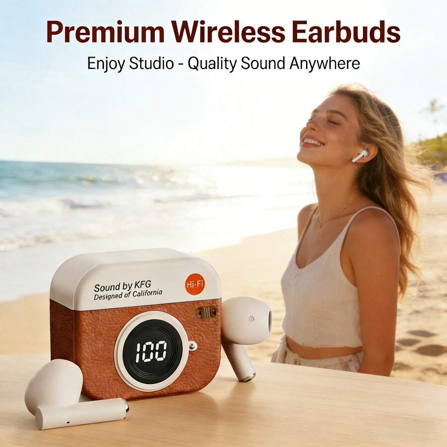 Briame 复古相机造型无线耳机，Hi-Fi立体声TWS耳机，带LED数字显示充电盒，长续航入耳式耳机，适用于iOS/安卓系统，180mAh电池 - 查看 1