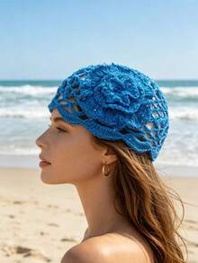 1 pieza Gorro de mujer de punto transpirable con estampado floral versátil, minimalista con acento de lentejuelas, gorra de unicolor - multicolor - Ver 5